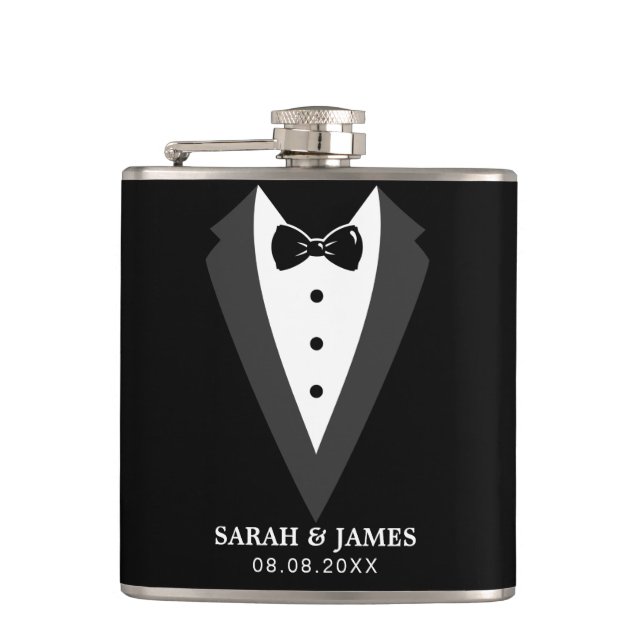 Schwarzer Personalisierter Trauzeuge Vinyl Wrapped Flachmann (Vorderseite)
