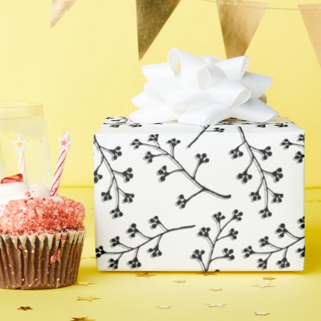 Schwarzer Pflanze-Zweig auf Weiß Geschenkpapier (Geburtstagsparty)