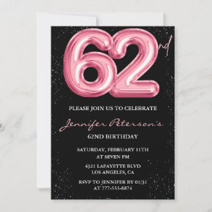 Schwarzer Pinker Ballon Glam Glitter 62. Geburtsta Einladung