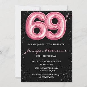 Schwarzer Pinker Ballon Glam Glitter 69. Geburtsta Einladung
