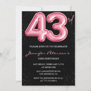 Schwarzer Pinker Luftballon Glam Glitter 43. Gebur Einladung