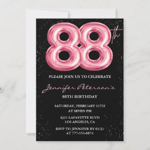 Schwarzer Pinker Luftballon Glam Glitter 88. Gebur Einladung