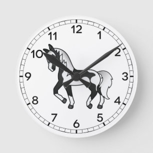 Schwarzer Pinto Cartoon Trotting Horse Illustratio Runde Wanduhr