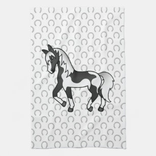 Schwarzer Pinto Trotting Horse Cartoon Illustratio Geschirrtuch