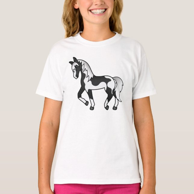 Schwarzer Pinto Trotting Horse Cartoon Illustratio T-Shirt (Vorderseite)