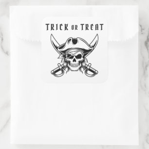 Schwarzer Piratenschädel Trick Or Treat Halloween Quadratischer Aufkleber