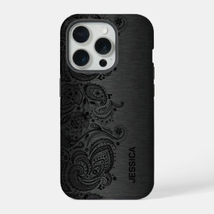 Schwarzer Pisley-Spitz Grauer metallischer Hinterg iPhone 15 Pro Hülle