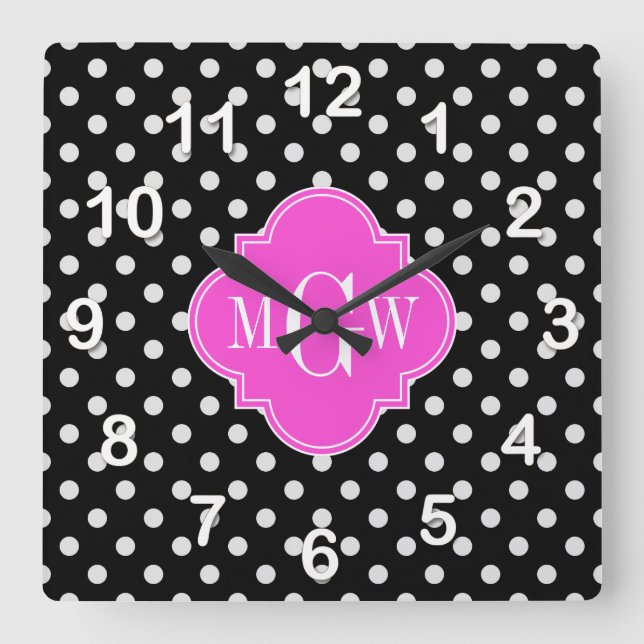 Schwarzer Polka Dot Hot Pink Quatrefolie 3 Monogra Quadratische Wanduhr (Vorderseite)