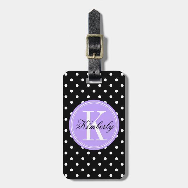 Schwarzer Polka-Dot mit Lilac Monogramm Gepäckanhänger (Vorderseite vertikal)