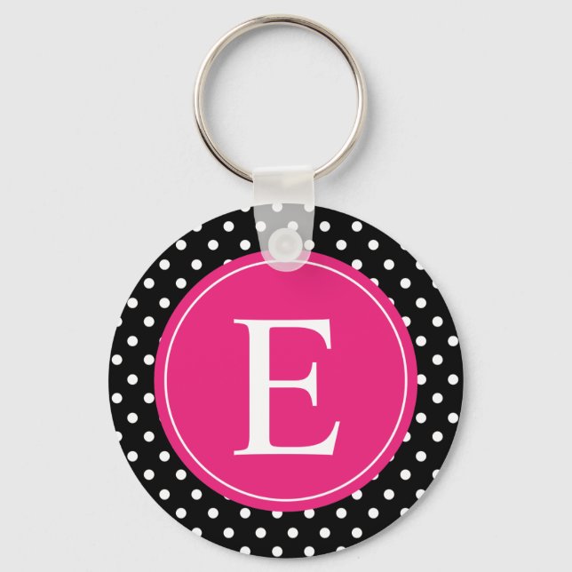 Schwarzer Polka Dot Rosa Monogramm Schlüsselanhänger (Vorderseite)
