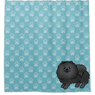 Schwarzer Pomeranian auf Blau und Hundepfoten Duschvorhang