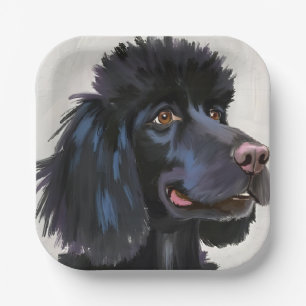 Schwarzer Pudel Hund Wasserfarbe Haustiermalerei Pappteller