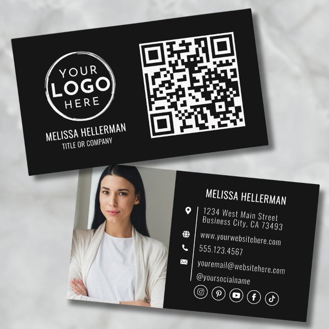 Schwarzer QR-Code Moderne professionelle Foto Ihr  Visitenkarte (Black QR Code Modern Professional Photo Your Logo Business Card)