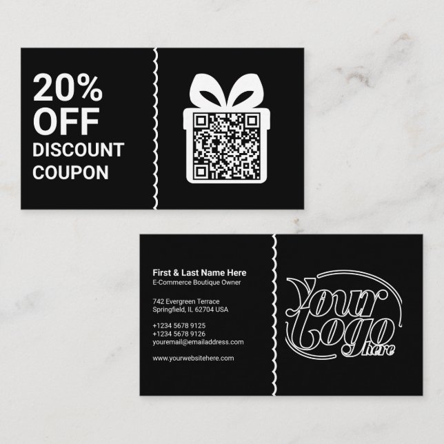 Schwarzer Rabatt-Coupon QR-Code-Marketing Visitenkarte (Vorne/Hinten)