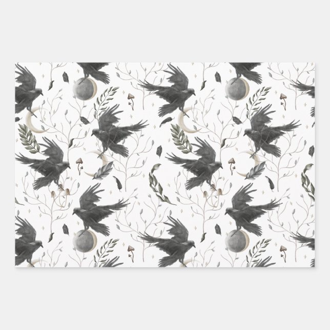 Schwarzer Rabe, Mond und wild lebende Pflanze Hexe Geschenkpapier Set (Vorderseite)