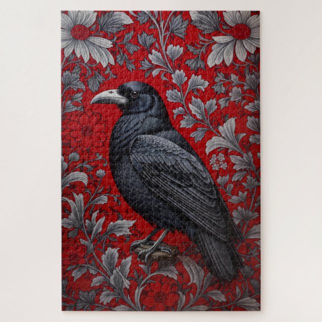 Schwarzer Rabe Rotes Blumenmuster William Morris I (Vertikal)