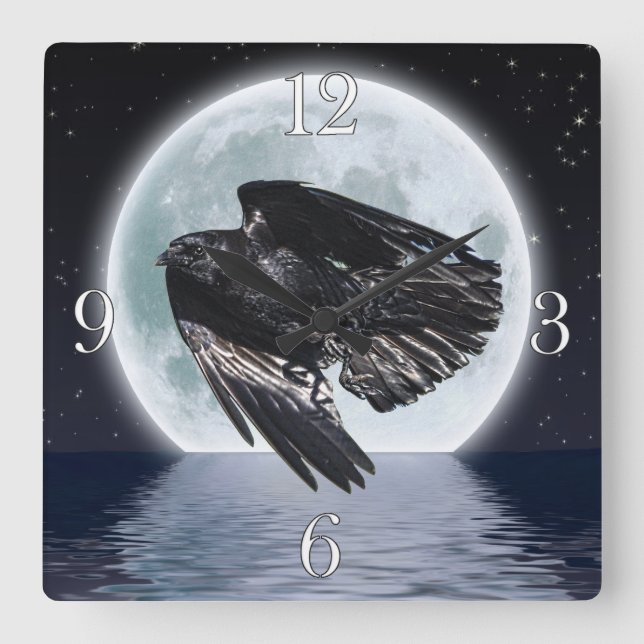 Schwarzer Rabe und Vollmond Quadratische Wanduhr (Vorderseite)