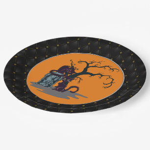 Schwarzer Reiter Black Cats Grabstein Tree Hallowe Pappteller