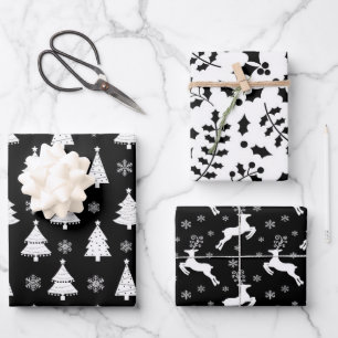 Schwarzer Rentier, Weihnachtsbaum und Holly-Muster Geschenkpapier Set