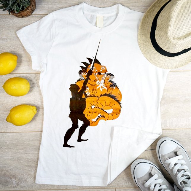 Schwarzer Ritter mit Drache T-Shirt (Emphasis on yellows and golds)