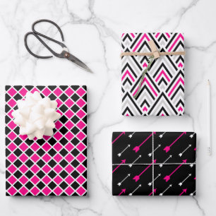 Schwarzer Rosa Geometrie Pfeil Diamant Geschenkpapier Set