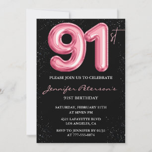 Schwarzer rosa Luftballon Glam Glitter 91. Geburts Einladung