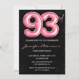 Schwarzer rosa Luftballon Glam Glitter 93. Geburts Einladung