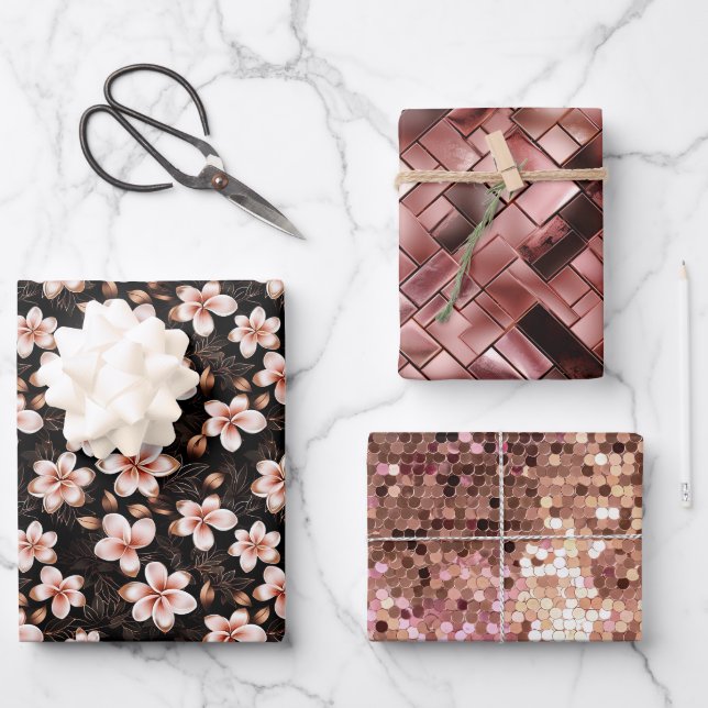 Schwarzer Rosa Rosa Rose Gold Floral Geschenkpapier Set (Vorderseite)