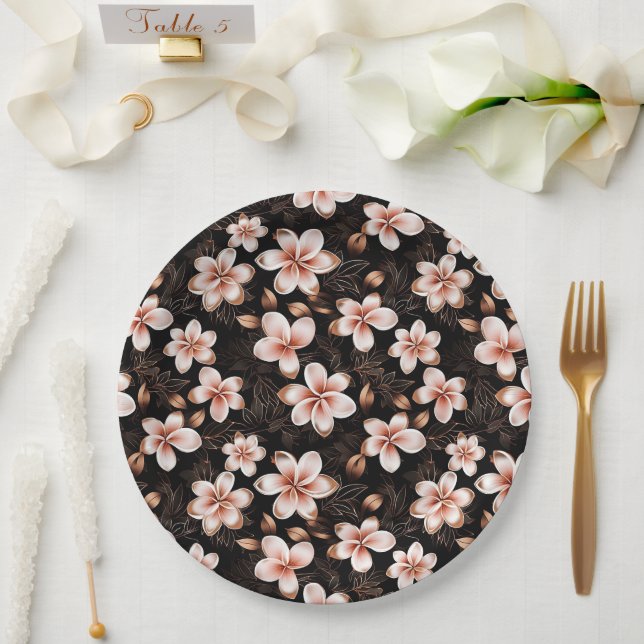 Schwarzer Rosa Rosa Rose Gold Floral Pappteller (Hochzeit)