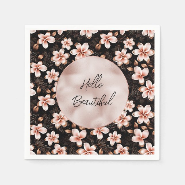 Schwarzer Rosa Rosa Rose Gold Floral Serviette (Vorderseite)