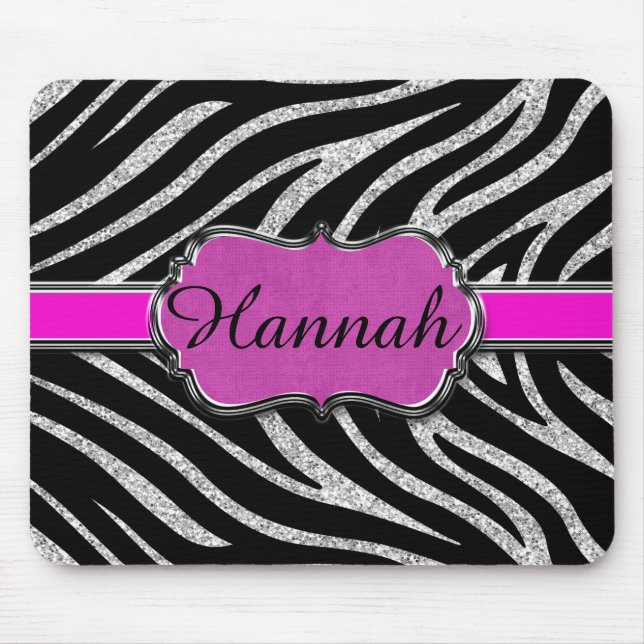 Schwarzer rosa silberner GlitzerZebra Mousepad (Vorne)