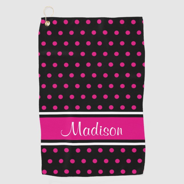 Schwarzer rosa Tupfen-Streifen-Skript-Name Golfhandtuch (Vorderseite)