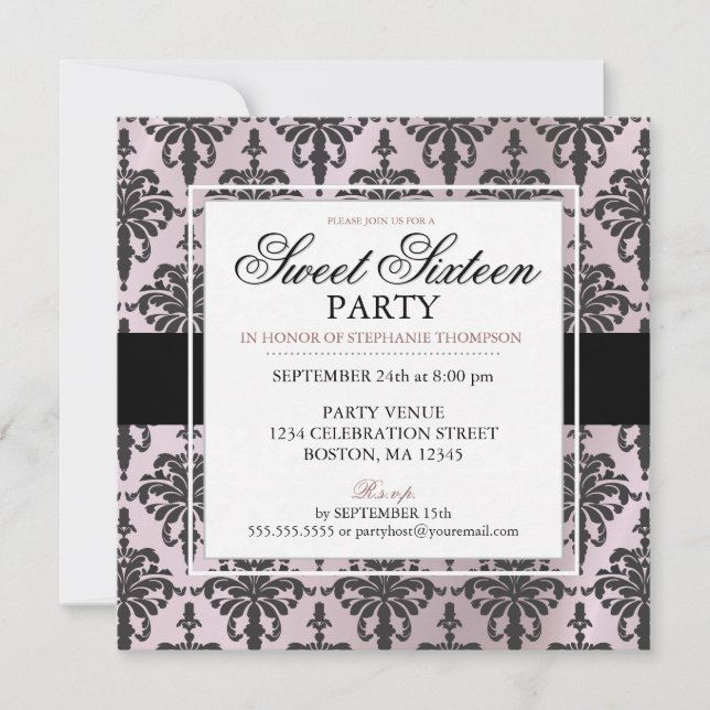 Schwarzer Rosengitter Damast Sweet 16 Party Einlad Einladung (Vorderseite)