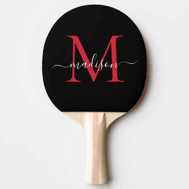 Schwarzer Roter Burgundy Monogram Eleganter Skript Tischtennis Schläger (Vorderseite)