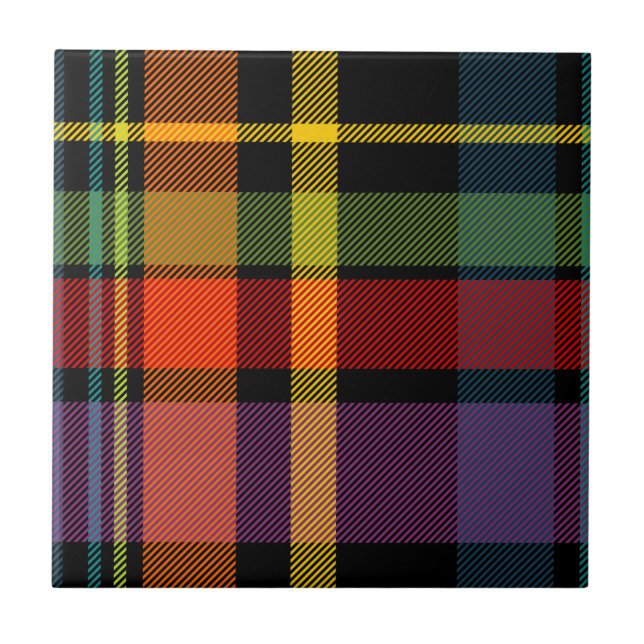 Schwarzer, roter, gelber, grüner und lila Tartan Fliese (Vorderseite)