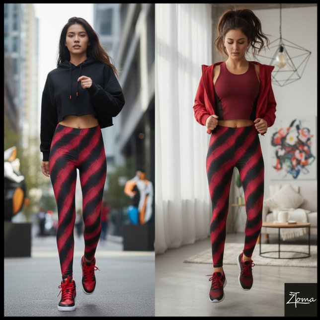 Schwarzer roter Glitch Cyber-Diagonalstreifen Leggings (Von Creator hochgeladen)