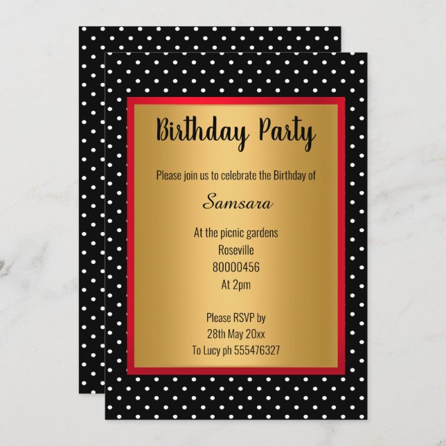 SCHWARZER ROTER SPOTPATTERN GOLD JEDEN ANLASS EINLADUNG (Vorne/Hinten)