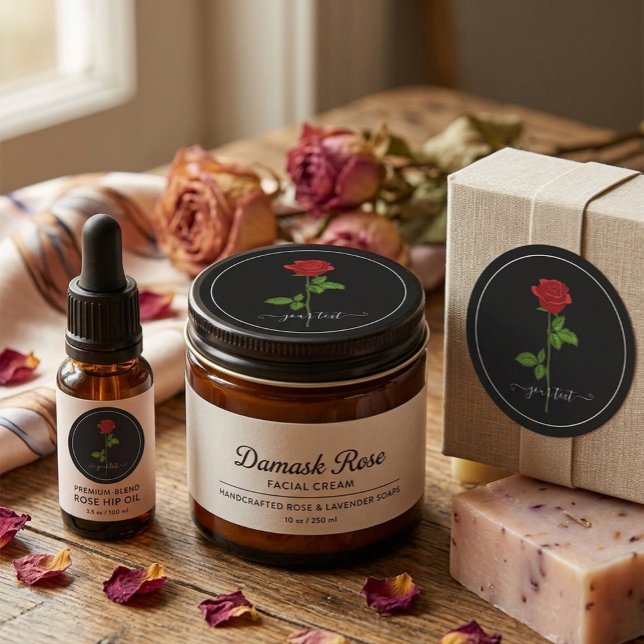 Schwarzer Rundaufkleber mit Rote Rose und benutzer Runder Aufkleber (Von Creator hochgeladen)