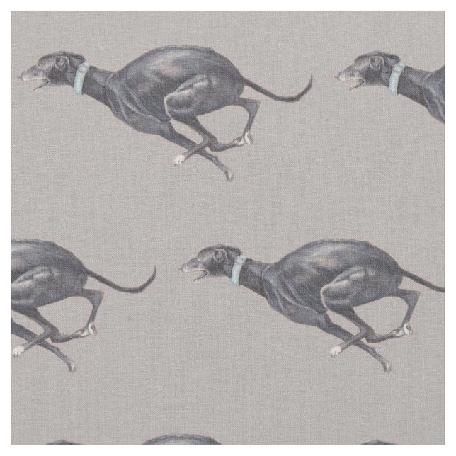 Schwarzer Running Greyhound auf grauem Hund Art Fa Stoff (Nahaufnahme)