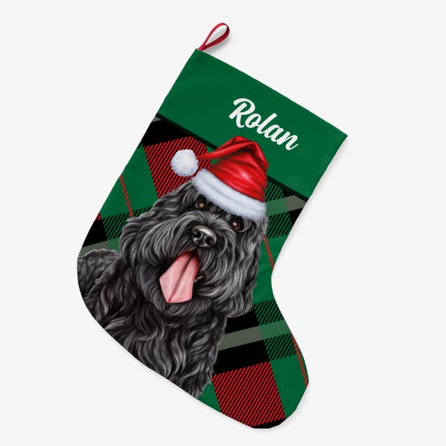 Schwarzer russischer Reiterurlaub Karierter Hund N Großer Weihnachtsstrumpf (Vorderansicht (hängend))