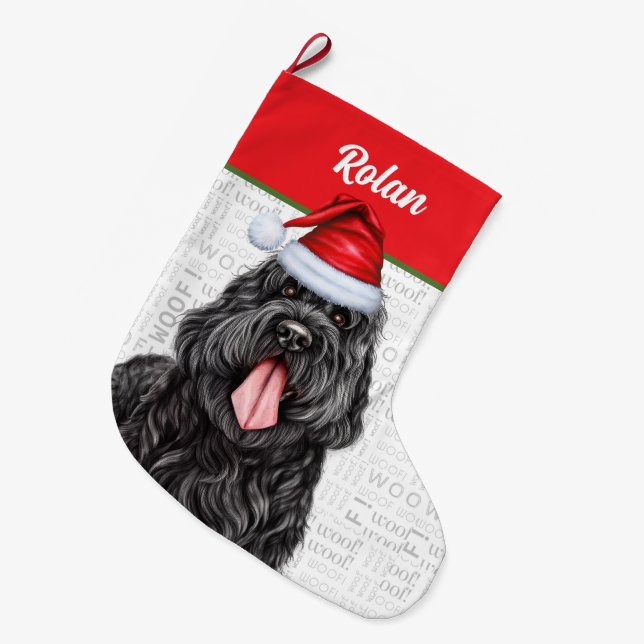 Schwarzer russischer Terrier Hund mit Hundename Großer Weihnachtsstrumpf (Vorderansicht (hängend))
