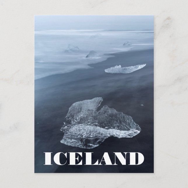 Schwarzer Sandstrand und Eis, Island Postkarte (Vorderseite)
