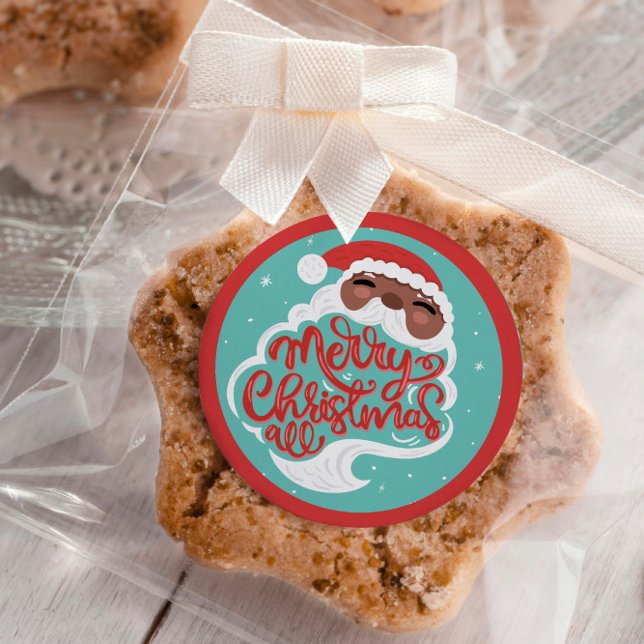 Schwarzer Santa | Frohe Weihnachten | Türkisblau Runder Aufkleber (Von Creator hochgeladen)