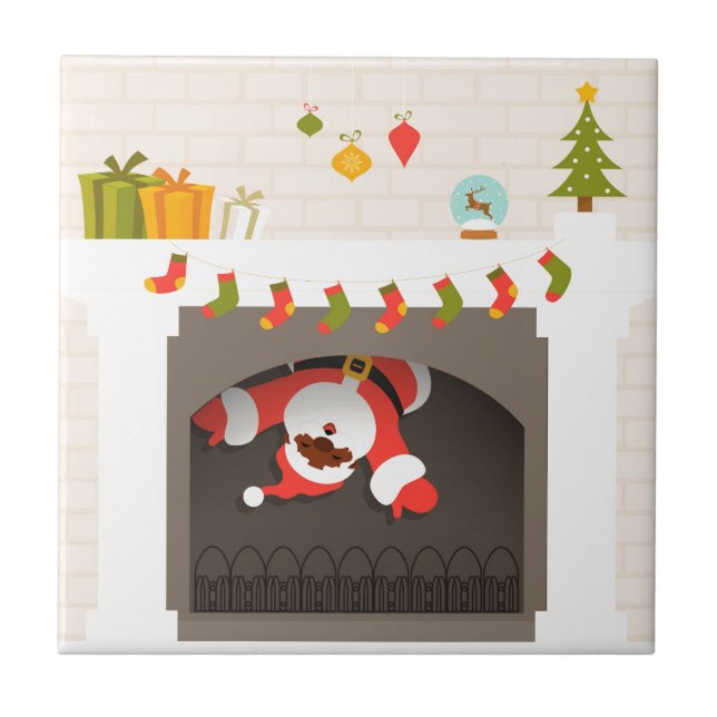schwarzer Santa im Kamin festgehalten Fliese (Vorderseite)