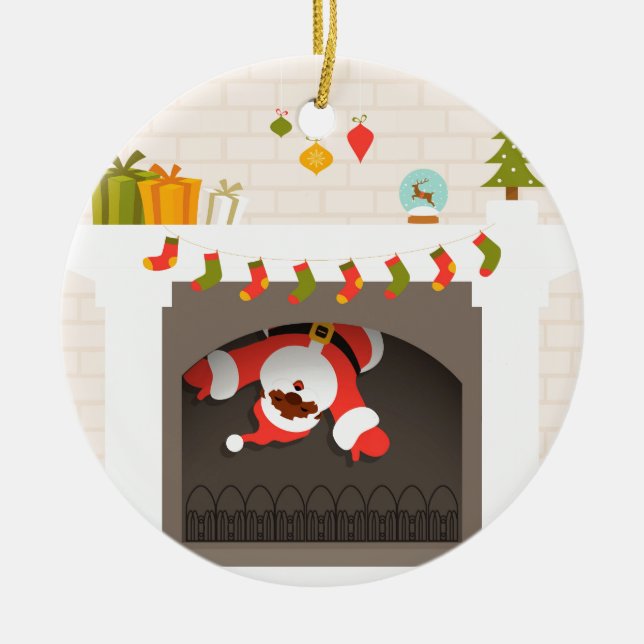 schwarzer Santa im Kamin festgehalten Keramikornament (Vorne)