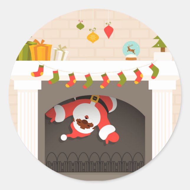 schwarzer Santa im Kamin festgehalten Runder Aufkleber (Vorderseite)