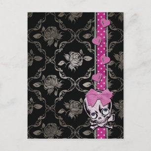 Schwarzer Schädel mit rosa Leim auf schwarzer Dama Postkarte