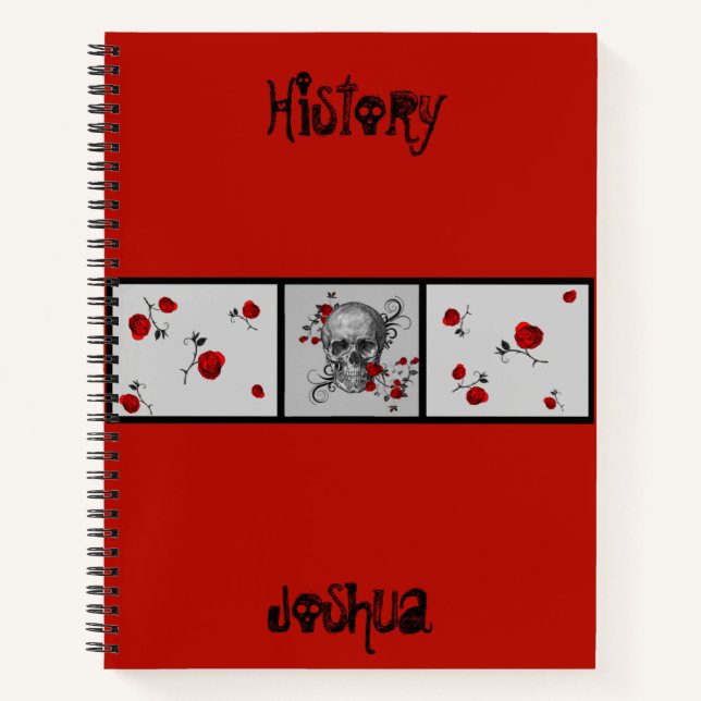 Schwarzer Schädel und Personalisierte Rote Rosen Notizbuch (Vorderseite)