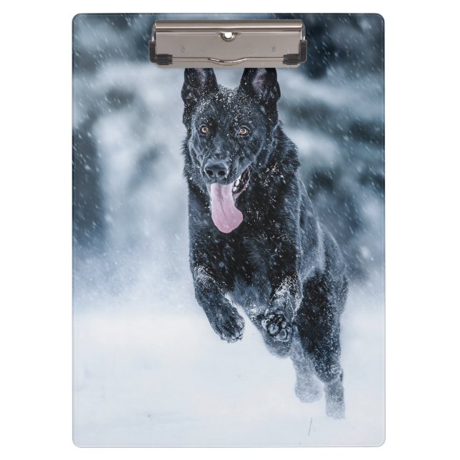 Schwarzer Schäfer im Schnee Klemmbrett (Vorderseite)