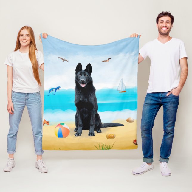 Schwarzer Schäferhund am Strand Fleecedecke (Beispiel)